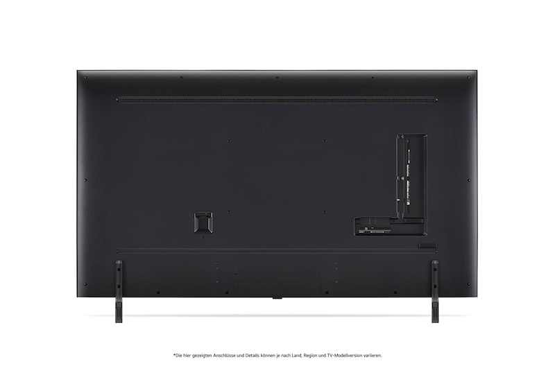 Rückansicht des LG QNED80 AI 4K Smart Fernsehers, zeigt das Design der Rückseite, den Bereich der Anschlüsse und den angebrachten Doppel-Standfuß.