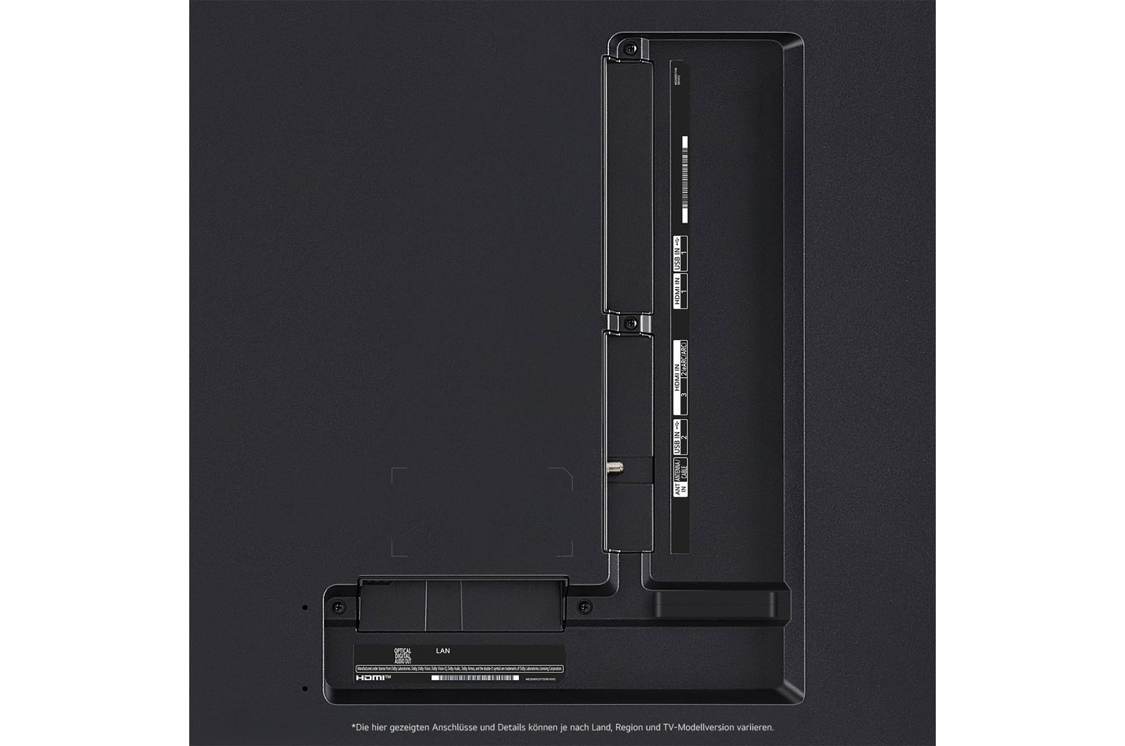 Nahaufnahme der Anschlüsse des LG QNED80 AI 4K Smart Fernsehers, einschließlich Zugang zu HDMI, USB, Antenne und CI-Slot.