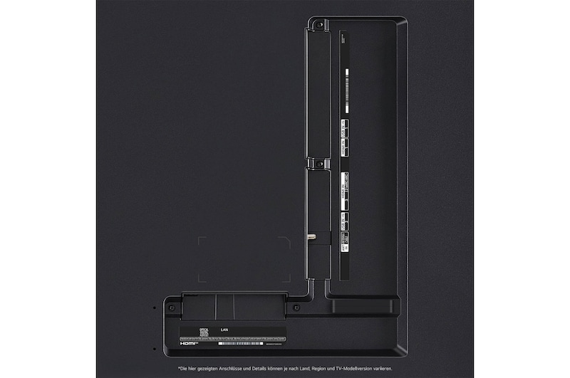 Nahaufnahme der Anschlüsse des LG QNED80 AI 4K Smart Fernsehers, einschließlich Zugang zu HDMI, USB, Antenne und CI-Slot.