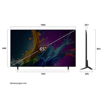 Diagramm mit Abmessungen (mm) für den 65 Zoll LG QNED80 AI 4K Smart TV: B 1456, H 904, T 295. Panel-Tiefe 29,7.