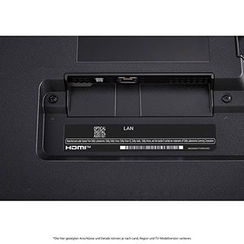 Nahaufnahme des optischen digitalen Audioausgangs und des LAN-Anschlusses auf der Rückseite des LG QNED80 AI 4K Smart Fernsehers.