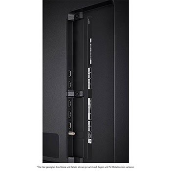 Detaillierte Nahaufnahme der seitlichen Anschlüsse des LG QNED80 AI 4K Smart Fernsehers, zeigt HDMI-, USB- und Antenneneingänge.