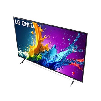 Ansicht des LG QNED80 AI 4K Smart Fernsehers aus hoher Perspektive, von oben auf Bildschirm und Doppel-Standfuß blickend.