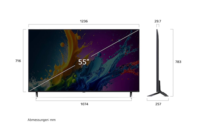 Diagramm mit Abmessungen (mm) für den 55 Zoll LG QNED80 AI 4K Smart TV: B 1236, H 783, T 257. Panel-Tiefe 29,7.