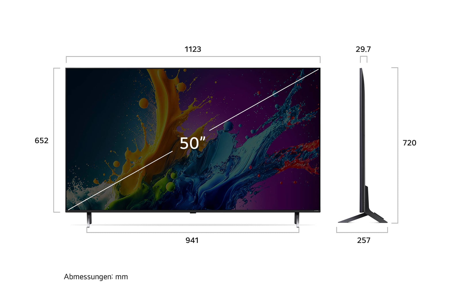 Diagramm mit Abmessungen (mm) für den 50 Zoll LG QNED80 AI 4K Smart TV: B 1123, H 720, T 257. Panel-Tiefe 29,7.