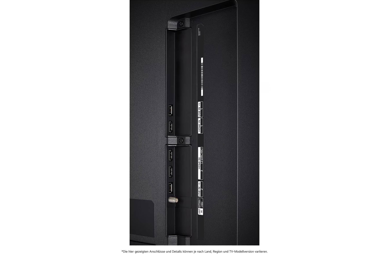 Detaillierte Nahaufnahme der seitlichen Anschlüsse des LG QNED80 AI 4K Smart Fernsehers, zeigt HDMI-, USB- und Antenneneingänge.