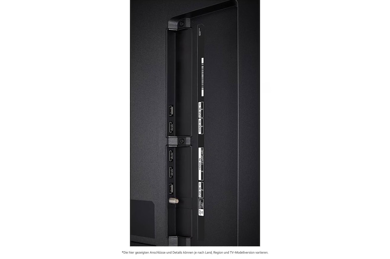 Detaillierte Nahaufnahme der seitlichen Anschlüsse des LG QNED80 AI 4K Smart Fernsehers, zeigt HDMI-, USB- und Antenneneingänge.