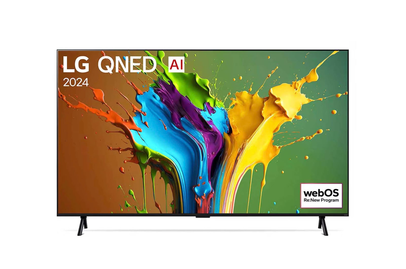 Vorderansicht des LG QNED MiniLED AI QNED89 4K Smart Fernsehers (Modell 2024) mit lebendiger abstrakter Kunst auf dem Bildschirm.