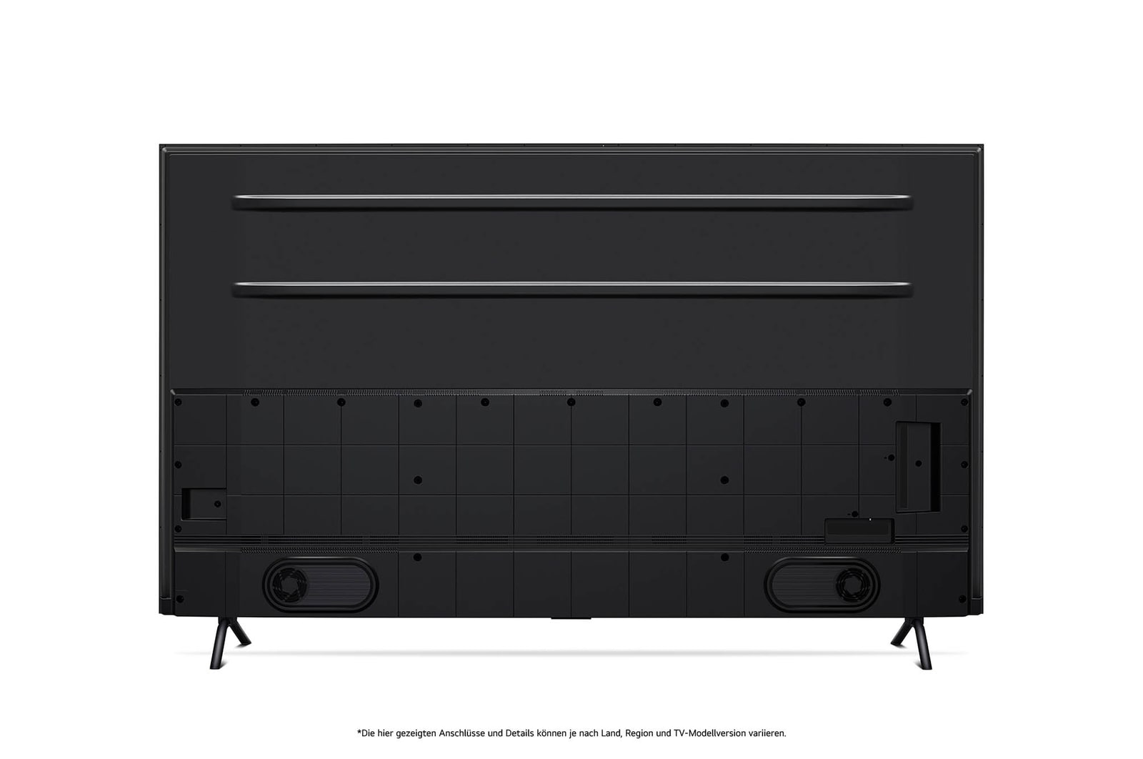 Rückansicht des LG QNED MiniLED AI QNED89 4K Smart Fernsehers, zeigt das Design der Rückseite, Anschlüsse und die zentrale Standfußverbindung.