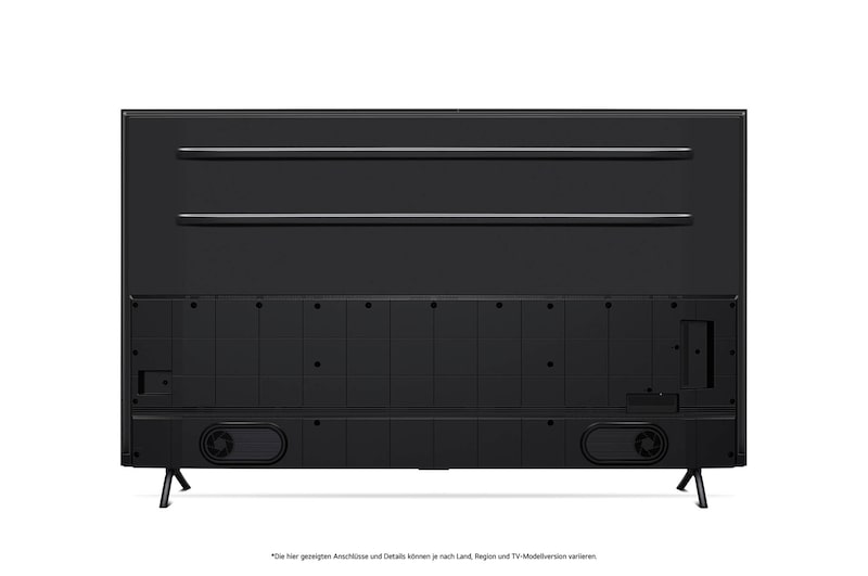 Rückansicht des LG QNED MiniLED AI QNED89 4K Smart Fernsehers, zeigt das Design der Rückseite, Anschlüsse und die zentrale Standfußverbindung.