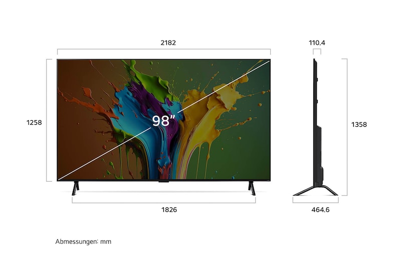 Diagramm mit Abmessungen (mm) für den 97 Zoll LG QNED MiniLED AI QNED89 4K Smart TV: B 2182, H 1358, T 464,6. Panel-Tiefe 110,4.