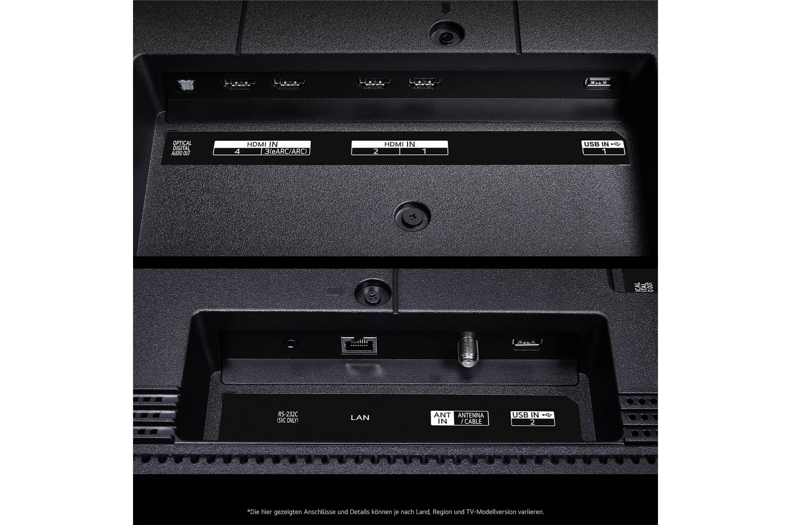Nahaufnahme der Anschlüsse des LG QNED MiniLED AI QNED89 4K Smart Fernsehers, einschließlich Zugang zu HDMI, USB und Antenne.