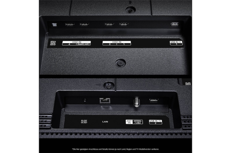 Nahaufnahme der Anschlüsse des LG QNED MiniLED AI QNED89 4K Smart Fernsehers, einschließlich Zugang zu HDMI, USB und Antenne.
