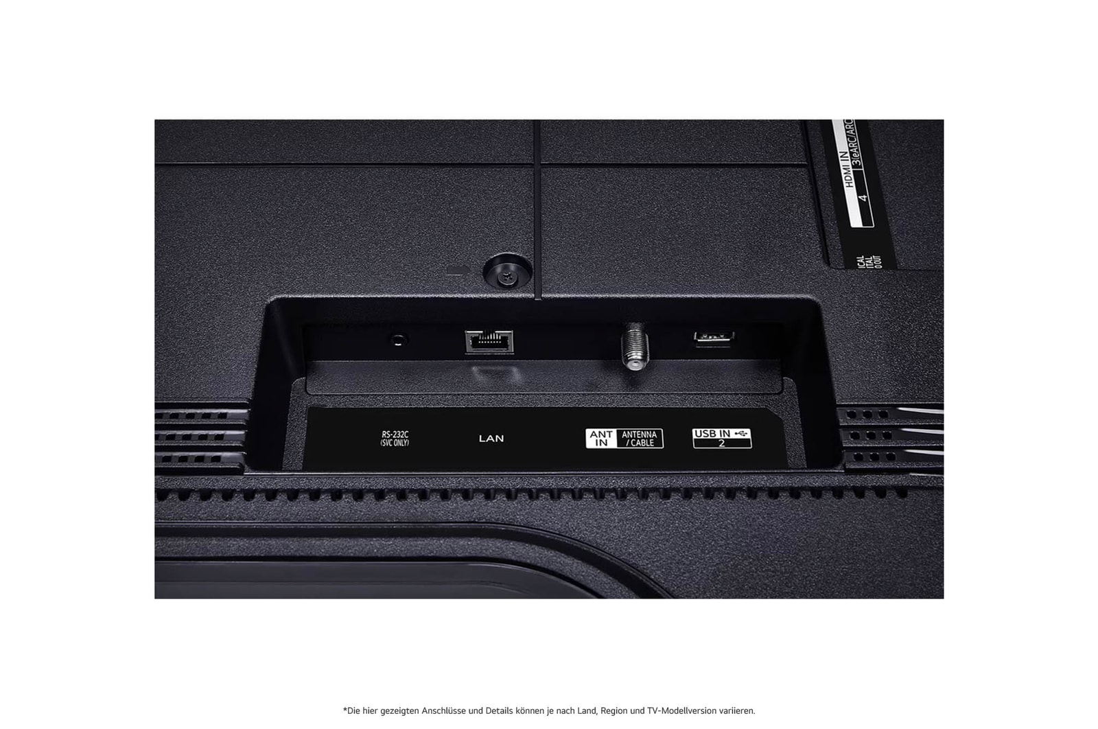 Nahaufnahme der nach unten gerichteten Anschlüsse (Optisch, LAN, Antenne) auf der Rückseite des LG QNED MiniLED AI QNED89 4K Smart Fernsehers.
