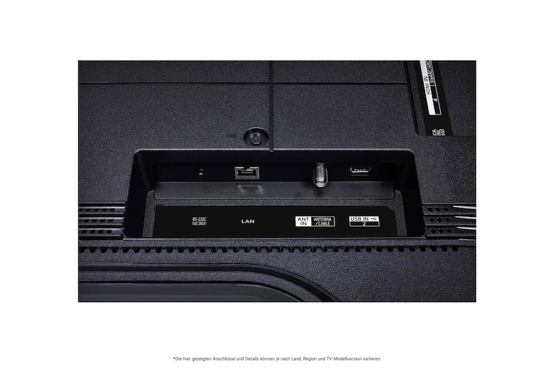 Nahaufnahme der nach unten gerichteten Anschlüsse (Optisch, LAN, Antenne) auf der Rückseite des LG QNED MiniLED AI QNED89 4K Smart Fernsehers.
