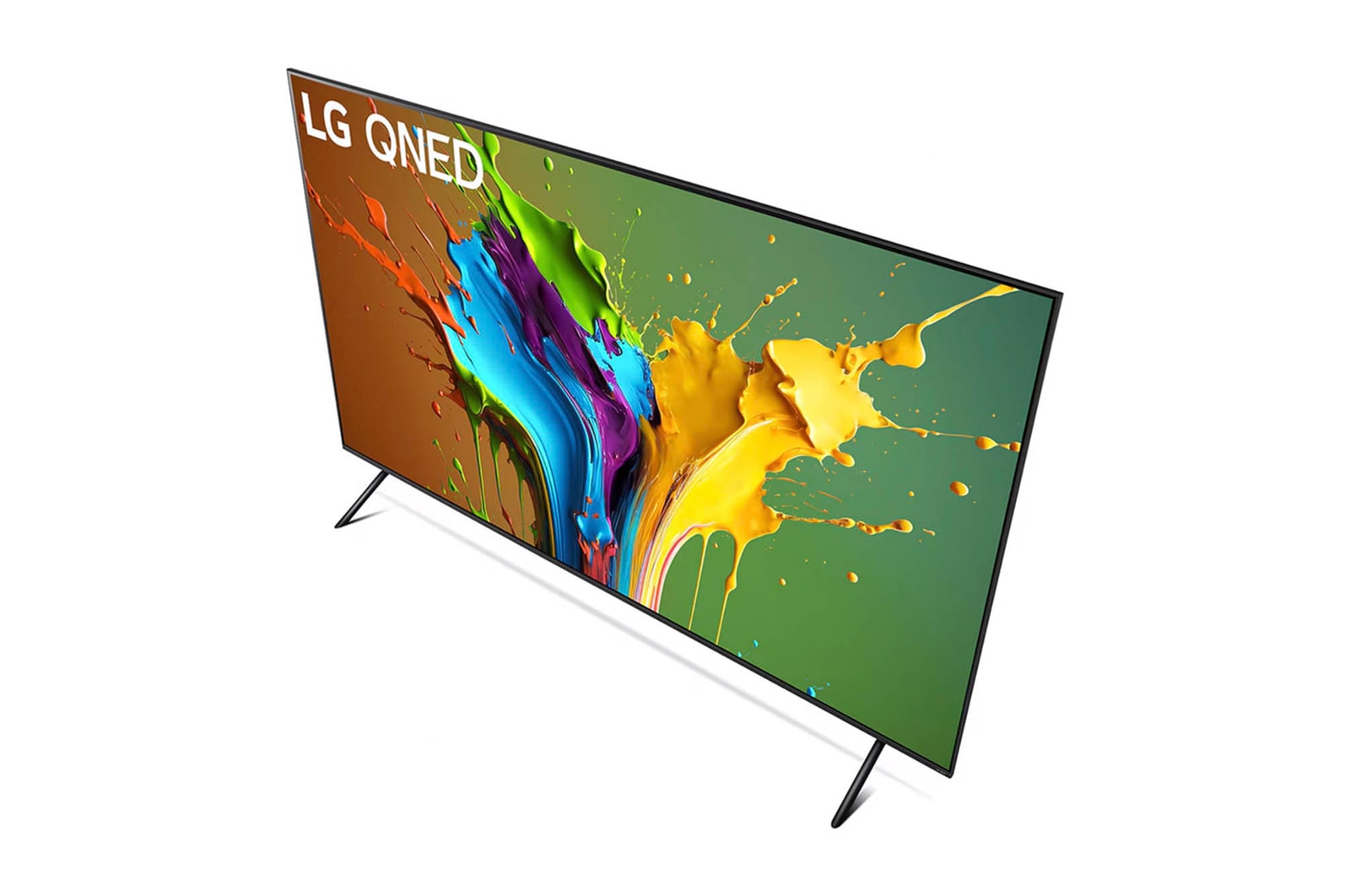 Ansicht des LG QNED MiniLED AI QNED89 4K Smart Fernsehers aus hoher Perspektive, von oben auf Bildschirm und zentralen Standfuß blickend.