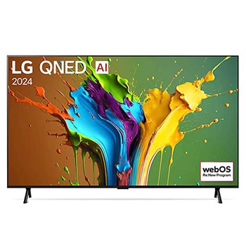 Vorderansicht des LG QNED MiniLED AI QNED89 4K Smart Fernsehers (Modell 2024) mit lebendiger abstrakter Kunst auf dem Bildschirm.