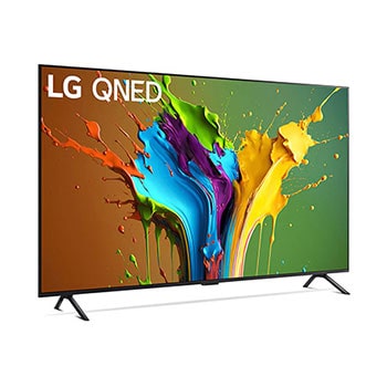 LG QNED MiniLED AI QNED89 4K Smart Fernseher aus einer vorderen linken Perspektive, zeigt Bildschirm und zentralen Standfuß.