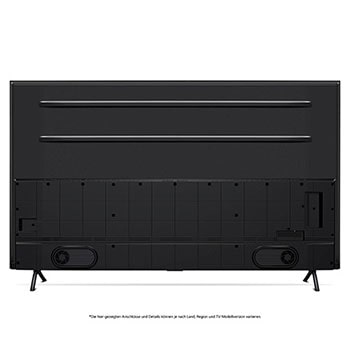 Rückansicht des LG QNED MiniLED AI QNED89 4K Smart Fernsehers, zeigt das Design der Rückseite, Anschlüsse und die zentrale Standfußverbindung.