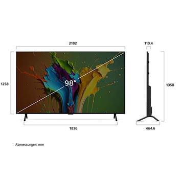 Diagramm mit Abmessungen (mm) für den 97 Zoll LG QNED MiniLED AI QNED89 4K Smart TV: B 2182, H 1358, T 464,6. Panel-Tiefe 110,4.