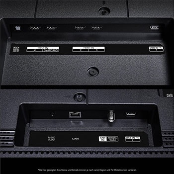 Nahaufnahme der Anschlüsse des LG QNED MiniLED AI QNED89 4K Smart Fernsehers, einschließlich Zugang zu HDMI, USB und Antenne.