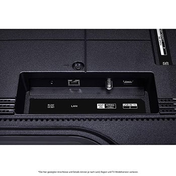 Nahaufnahme der nach unten gerichteten Anschlüsse (Optisch, LAN, Antenne) auf der Rückseite des LG QNED MiniLED AI QNED89 4K Smart Fernsehers.