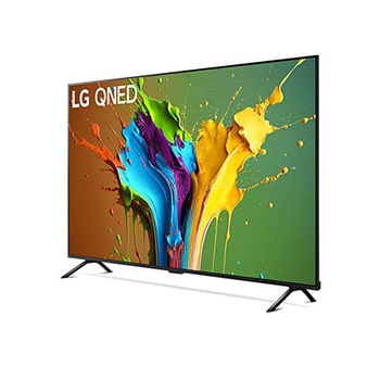 LG QNED MiniLED AI QNED89 4K Smart Fernseher aus einer stärker angewinkelten vorderen rechten Perspektive, zeigt Bildschirm und zentralen Standfuß.