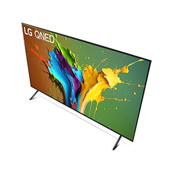 Ansicht des LG QNED MiniLED AI QNED89 4K Smart Fernsehers aus hoher Perspektive, von oben auf Bildschirm und zentralen Standfuß blickend.