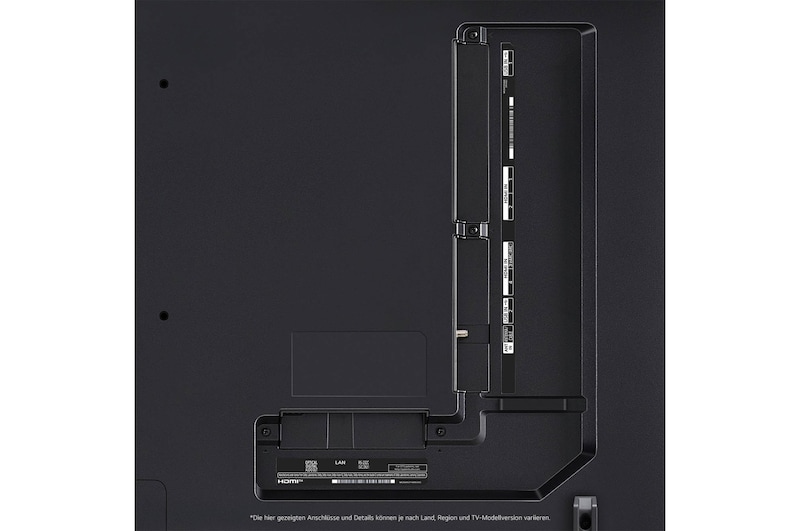 Nahaufnahme der Anschlüsse des LG QNED MiniLED AI QNED85 4K Smart Fernsehers, einschließlich Zugang zu HDMI, USB und Antenne.