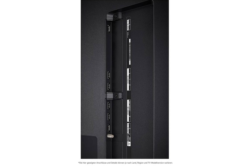 Detaillierte Nahaufnahme der seitlichen Anschlüsse des LG QNED MiniLED AI QNED85 4K Smart Fernsehers, zeigt HDMI 1-4 und CI-Slot.