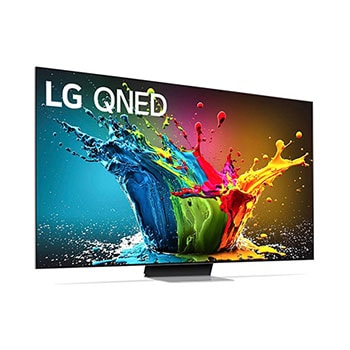 LG QNED99 AI 8K Smart Fernseher aus einer vorderen linken Perspektive, zeigt den Bildschirm mit lebendiger abstrakter Kunst.