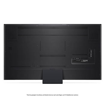 Rückansicht des LG QNED99 AI 8K Smart Fernsehers, zeigt das Design der Rückseite, die Standfußstruktur und den Bereich der Anschlüsse.