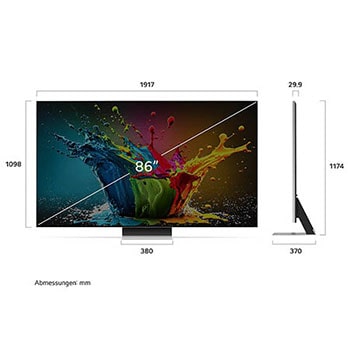 Abmessungen des 86-Zoll LG QNED99 AI 8K Smart Fernsehers, zeigt Breite, Höhe, Tiefe und Standfußmaße in mm.