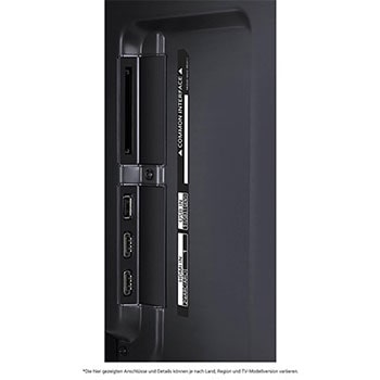 Detaillierte Nahaufnahme der seitlichen Anschlüsse des LG QNED99 AI 8K Smart Fernsehers, zeigt HDMI (eARC), USB und Antenneneingänge.