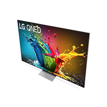 Ansicht des LG QNED99 AI 8K Smart Fernsehers aus hoher Perspektive, von oben auf Bildschirm und Standfuß blickend.