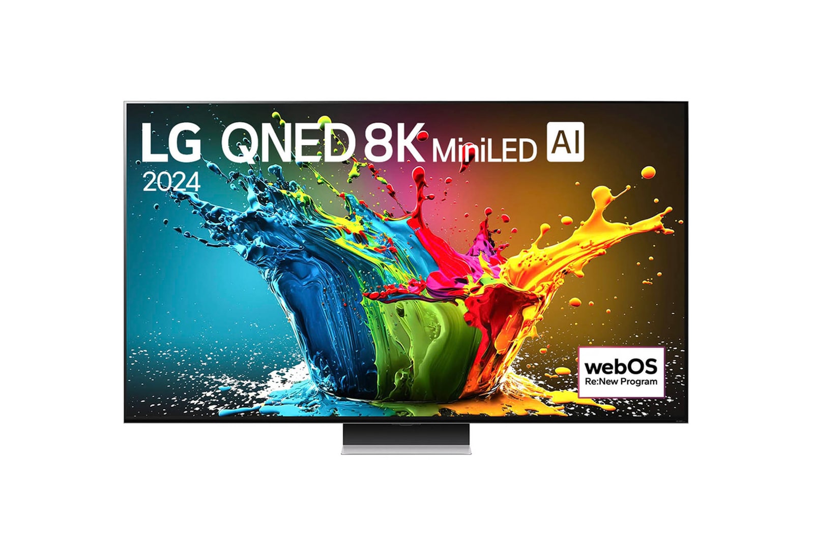 Vorderansicht des LG QNED99 AI 8K Smart Fernsehers (Modell 2024) mit lebendiger abstrakter Kunst und webOS Re:New Program-Logo.