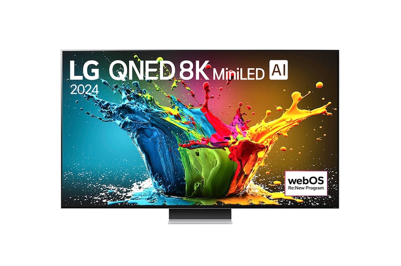 Vorderansicht des LG QNED99 AI 8K Smart Fernsehers (Modell 2024) mit lebendiger abstrakter Kunst und webOS Re:New Program-Logo.