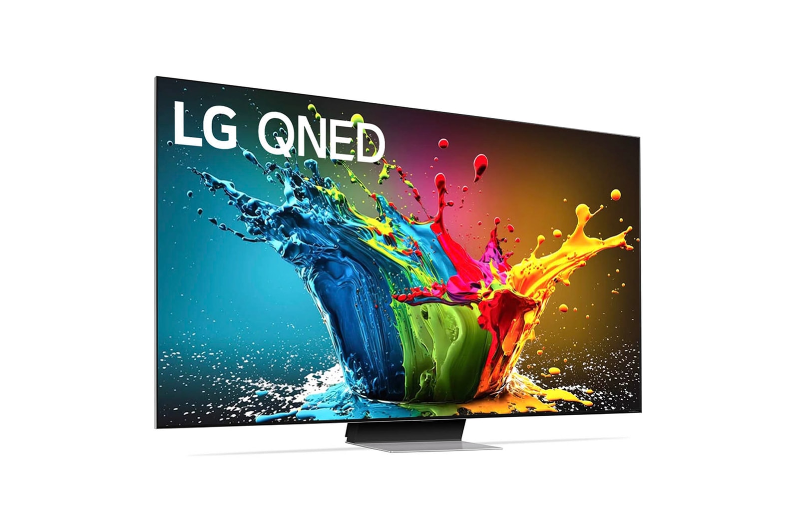 LG QNED99 AI 8K Smart Fernseher aus einer vorderen linken Perspektive, zeigt den Bildschirm mit lebendiger abstrakter Kunst.