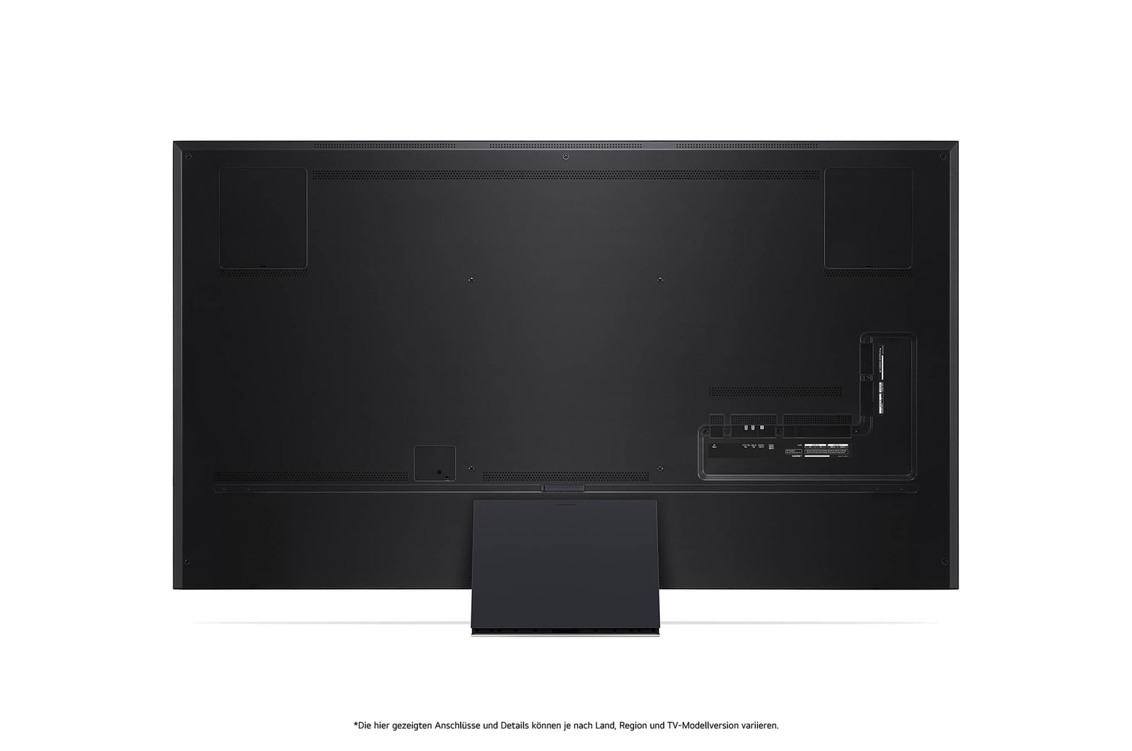 Rückansicht des LG QNED99 AI 8K Smart Fernsehers, zeigt das Design der Rückseite, die Standfußstruktur und den Bereich der Anschlüsse.