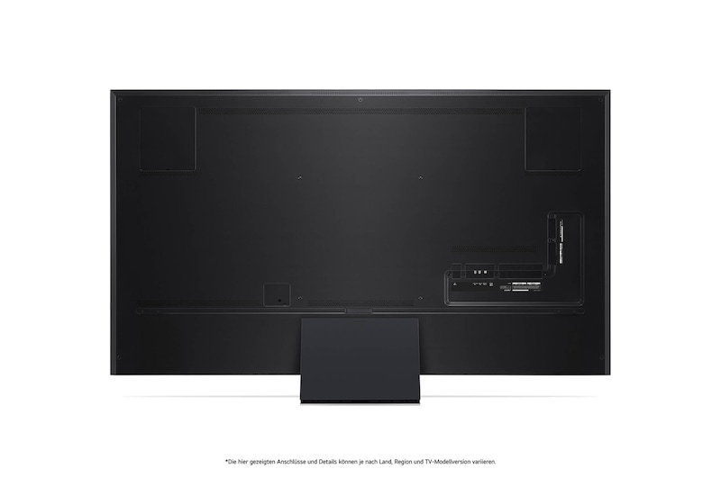 Rückansicht des LG QNED99 AI 8K Smart Fernsehers, zeigt das Design der Rückseite, die Standfußstruktur und den Bereich der Anschlüsse.
