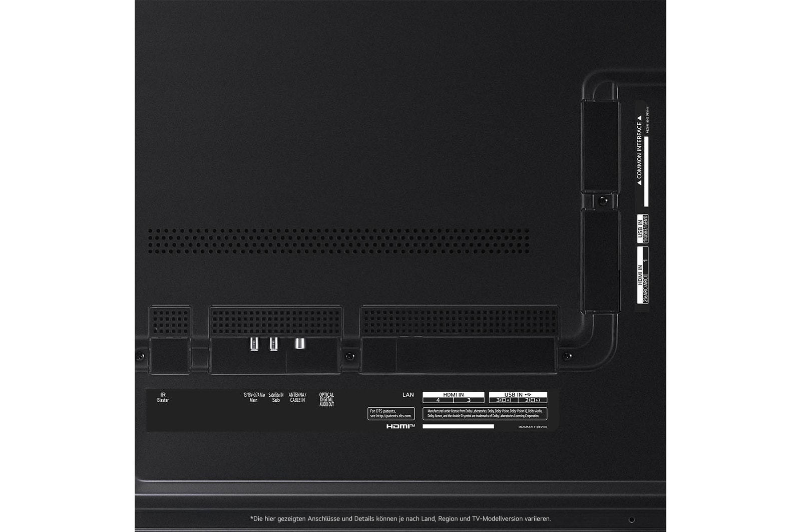 Nahaufnahme der Anschlüsse des LG QNED99 AI 8K Smart Fernsehers, einschließlich HDMI, USB, Antenne, CI-Slot und LAN.