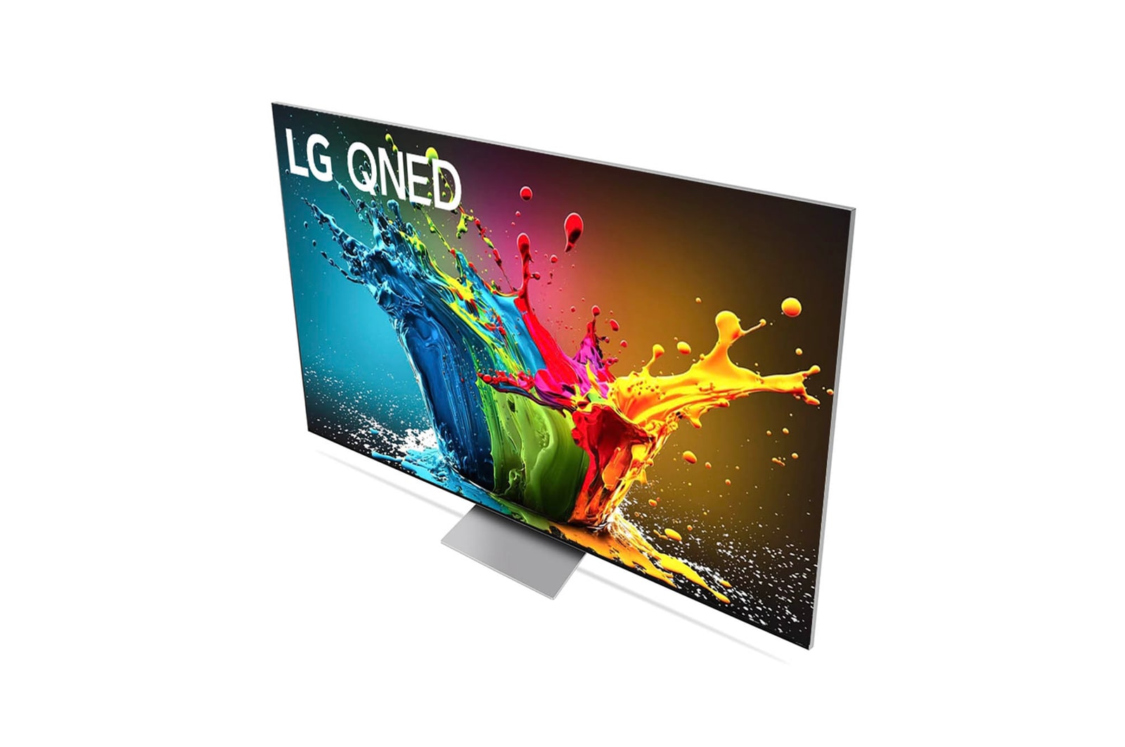 Ansicht des LG QNED99 AI 8K Smart Fernsehers aus hoher Perspektive, von oben auf Bildschirm und Standfuß blickend.