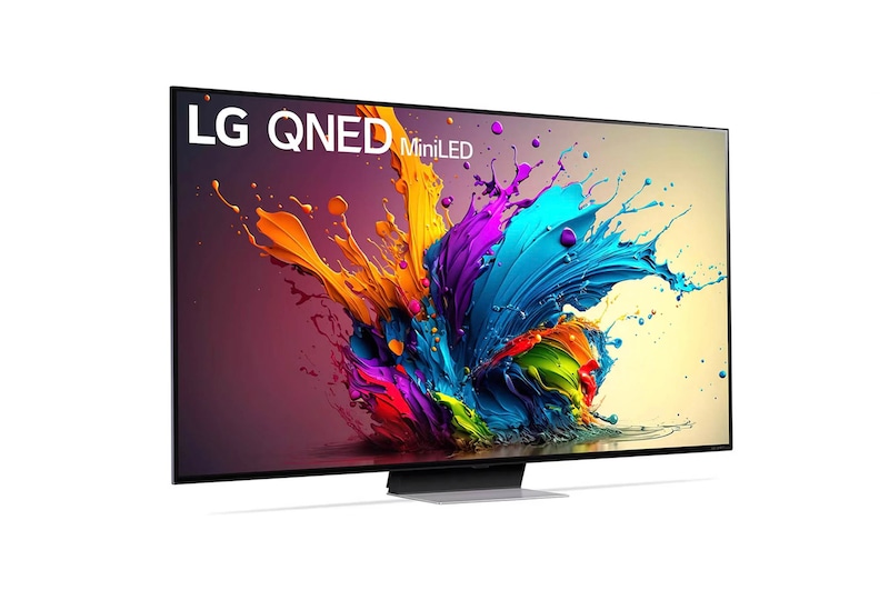 LG QNED MiniLED AI QNED91 4K Smart Fernseher aus einer vorderen linken Perspektive, zeigt Bildschirm und zentralen Standfuß.