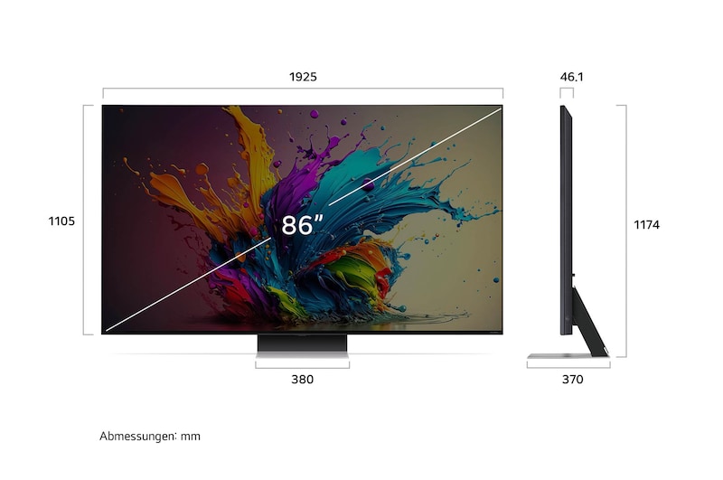 Diagramm mit Abmessungen (mm) für den 86 Zoll LG QNED MiniLED AI QNED91 4K Smart TV: B 1925, H 1174, T 370. Panel-Tiefe 46,1.
