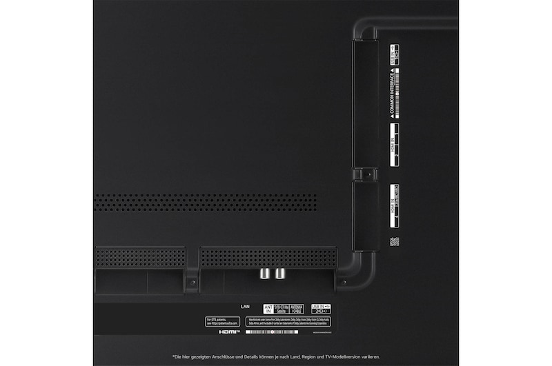 Nahaufnahme der Anschlüsse des LG QNED MiniLED AI QNED91 4K Smart Fernsehers, einschließlich Zugang zu HDMI, USB und Antenne.