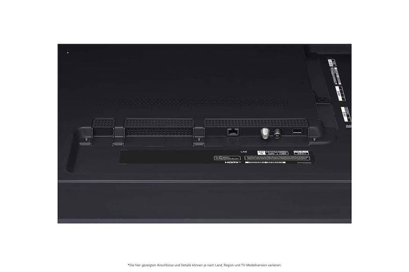 Nahaufnahme der nach unten gerichteten Anschlüsse (Optisch, LAN, Antenne) auf der Rückseite des LG QNED MiniLED AI QNED91 4K Smart Fernsehers.
