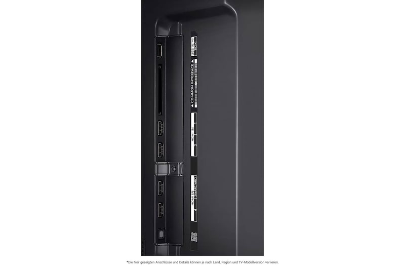 Detaillierte Nahaufnahme der seitlichen Anschlüsse des LG QNED MiniLED AI QNED91 4K Smart Fernsehers, zeigt HDMI 1-4 und CI-Slot.