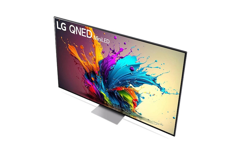 Ansicht des LG QNED MiniLED AI QNED91 4K Smart Fernsehers aus hoher Perspektive, von oben auf Bildschirm und zentralen Standfuß blickend.