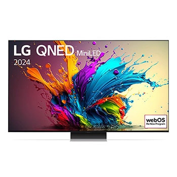 Vorderansicht des LG QNED MiniLED AI QNED91 4K Smart Fernsehers (Modell 2024) mit lebendiger abstrakter Kunst auf dem Bildschirm.