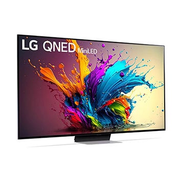 LG QNED MiniLED AI QNED91 4K Smart Fernseher aus einer vorderen linken Perspektive, zeigt Bildschirm und zentralen Standfuß.